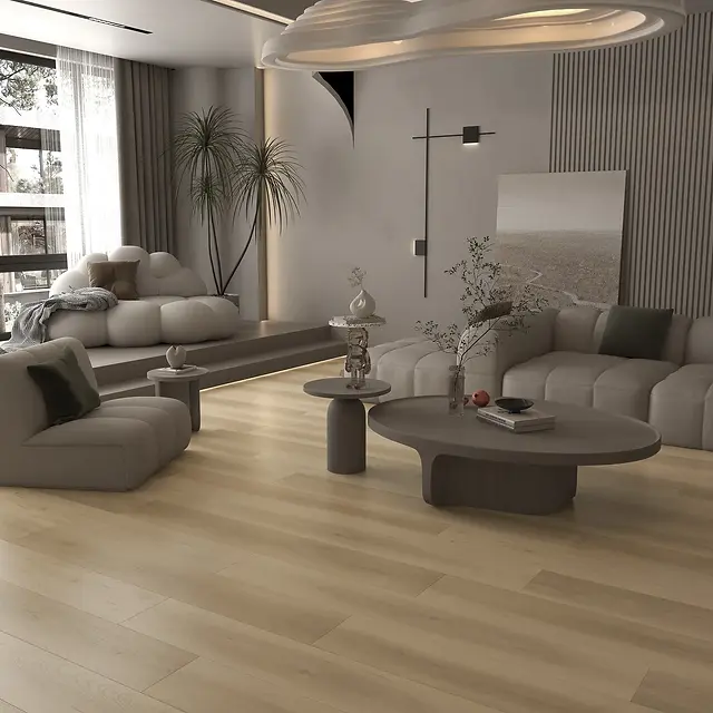 Living room with warm laminate plank flooring